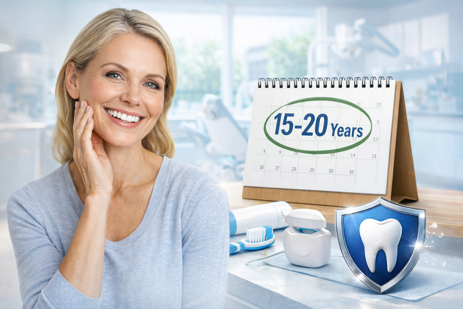 Female patient smiling confidently with porcelain crowns, table calendar in the background showing lifespan of porcelain crowns