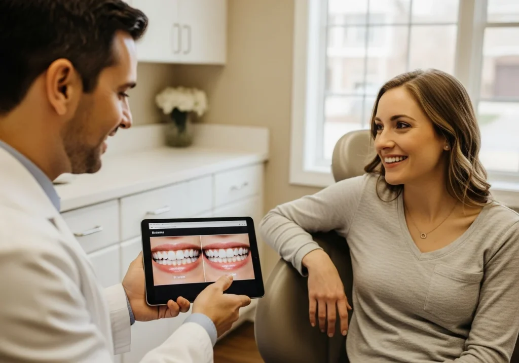 Dentist and patient discussing teeth whitening options in a bright office