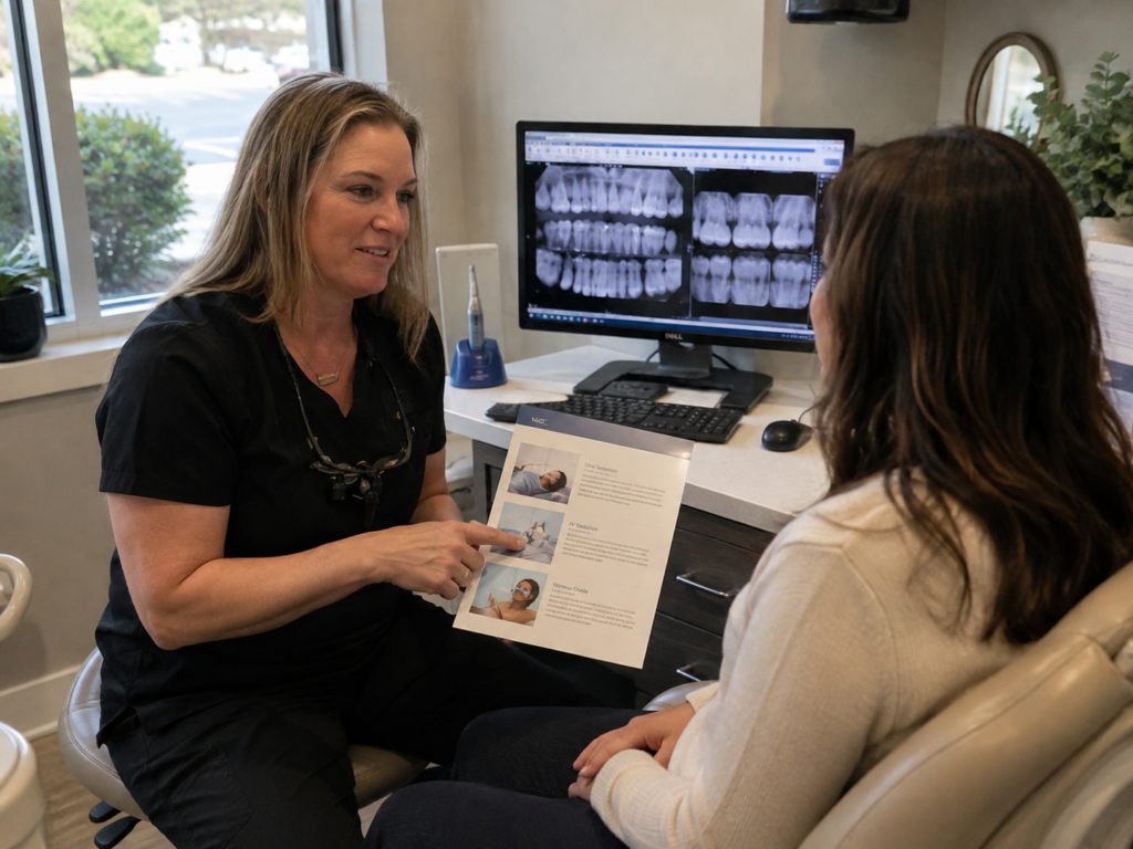 Dentist explaining sedation and local anesthesia options to a patient before dental treatment.