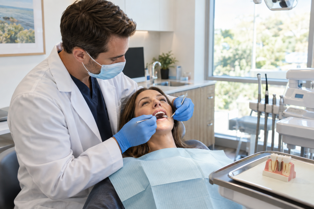 Dentist evaluating a patient’s gum health during a restorative dental exam, with a dental restoration model nearby.
