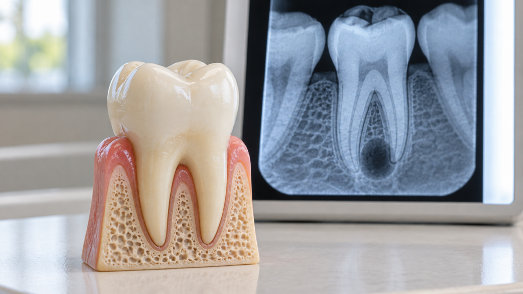 A healthy-looking tooth model sits in front of an X-ray showing a hidden infection at the tip of the tooth’s root.